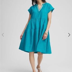 Teal V-Neck Tiered Dress